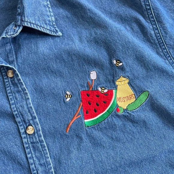 Vintage Mint Julep Denim Embroidered Summer Picnic BBQ Theme Button Down Shirt - Picture 4 of 6